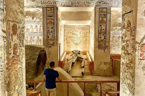 Alt Text: sarcophagus inside Valley of the Kings tomb Luxor