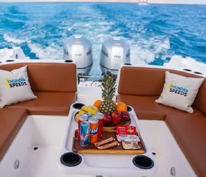 Premium VIP catering and fresh fruit platter served onboard a private speedboat tour Hurghada.